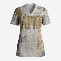 Apis Ancient Egyptian Scrub Top with Beige-Gray Hieroglyphic, Ornate Bull Head, and Gold-Blue Typography - Wonder Print Shop