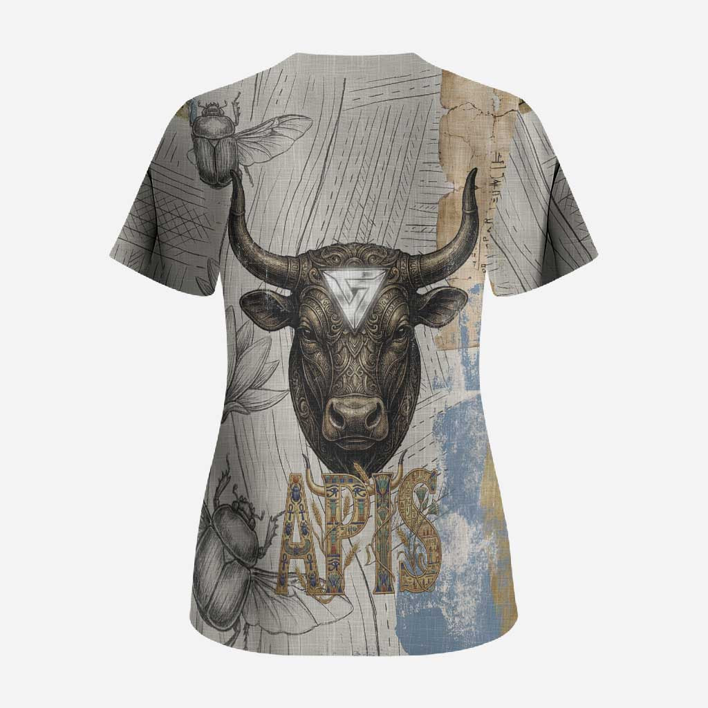 Apis Ancient Egyptian Scrub Top with Beige-Gray Hieroglyphic, Ornate Bull Head, and Gold-Blue Typography - Wonder Print Shop