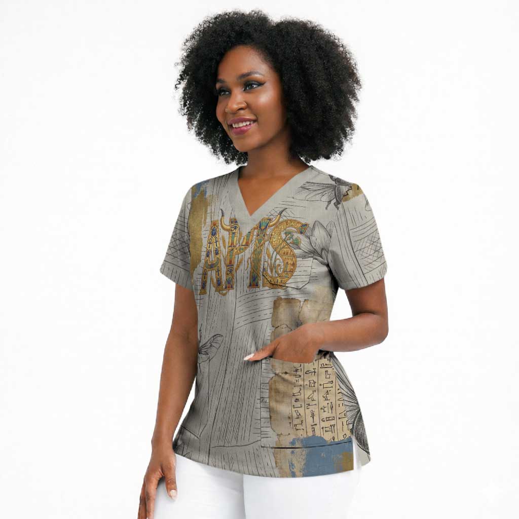 Apis Ancient Egyptian Scrub Top with Beige-Gray Hieroglyphic, Ornate Bull Head, and Gold-Blue Typography - Wonder Print Shop