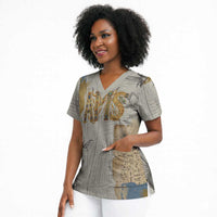 Apis Ancient Egyptian Scrub Top with Beige-Gray Hieroglyphic, Ornate Bull Head, and Gold-Blue Typography - Wonder Print Shop