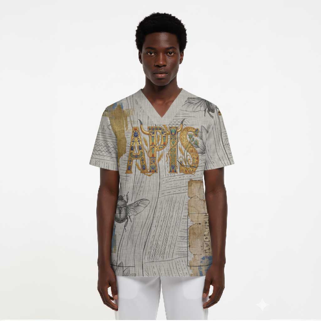 Apis Ancient Egyptian Scrub Top with Beige-Gray Hieroglyphic, Ornate Bull Head, and Gold-Blue Typography - Wonder Print Shop