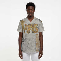 Apis Ancient Egyptian Scrub Top with Beige-Gray Hieroglyphic, Ornate Bull Head, and Gold-Blue Typography - Wonder Print Shop