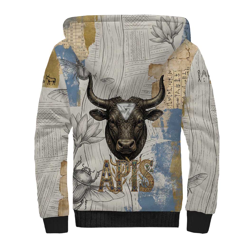 Apis Ancient Egyptian Sherpa Hoodie with Beige-Gray Hieroglyphic, Ornate Bull Head, and Gold-Blue Typography - Wonder Print Shop