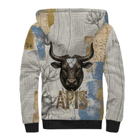 Apis Ancient Egyptian Sherpa Hoodie with Beige-Gray Hieroglyphic, Ornate Bull Head, and Gold-Blue Typography - Wonder Print Shop