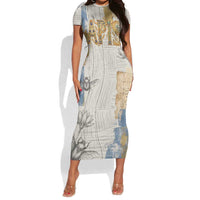 Apis Ancient Egyptian Short Sleeve Bodycon Dress with Beige-Gray Hieroglyphic, Ornate Bull Head, and Gold-Blue Typography - Wonder Print Shop