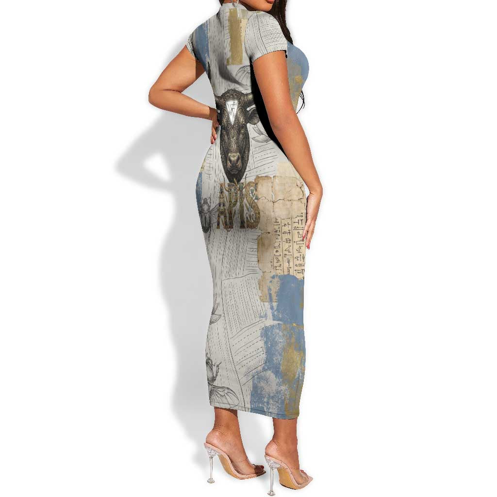 Apis Ancient Egyptian Short Sleeve Bodycon Dress with Beige-Gray Hieroglyphic, Ornate Bull Head, and Gold-Blue Typography - Wonder Print Shop