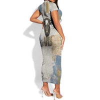 Apis Ancient Egyptian Short Sleeve Bodycon Dress with Beige-Gray Hieroglyphic, Ornate Bull Head, and Gold-Blue Typography - Wonder Print Shop