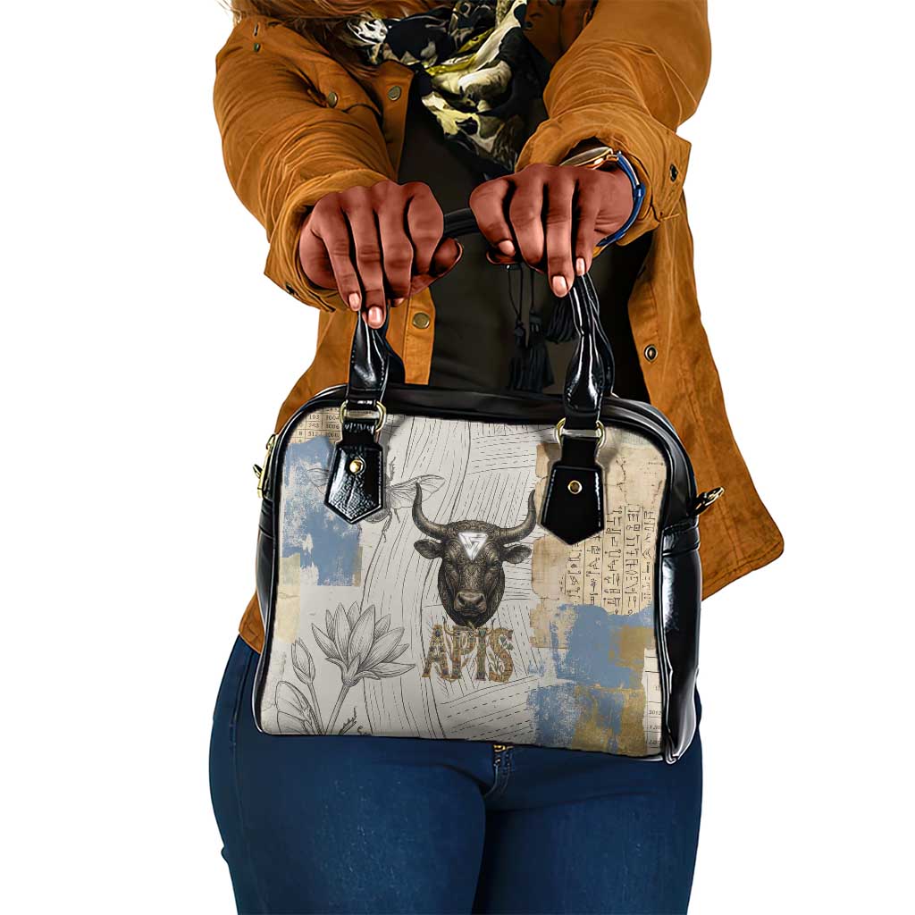 Apis Ancient Egyptian Shoulder Handbag with Beige-Gray Hieroglyphic, Ornate Bull Head, and Gold-Blue Typography - Wonder Print Shop