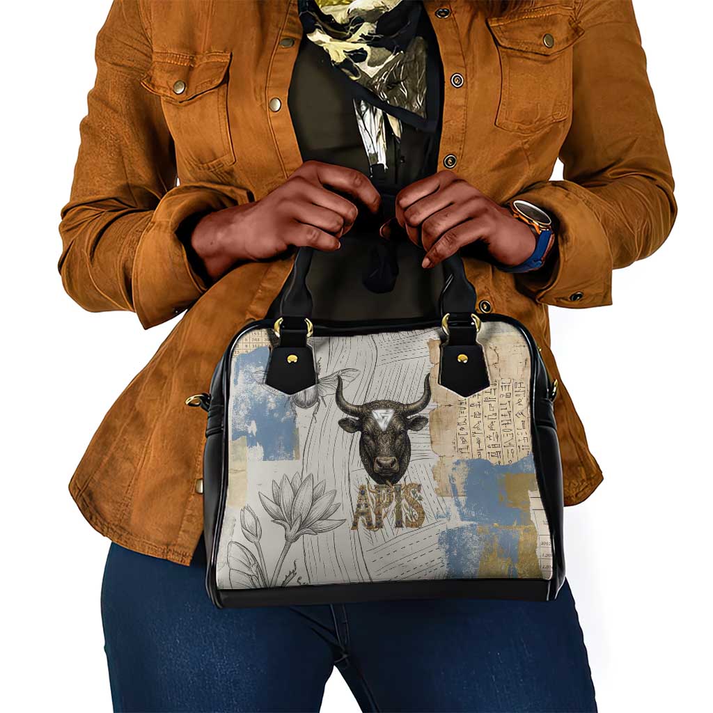 Apis Ancient Egyptian Shoulder Handbag with Beige-Gray Hieroglyphic, Ornate Bull Head, and Gold-Blue Typography - Wonder Print Shop