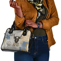 Apis Ancient Egyptian Shoulder Handbag with Beige-Gray Hieroglyphic, Ornate Bull Head, and Gold-Blue Typography - Wonder Print Shop