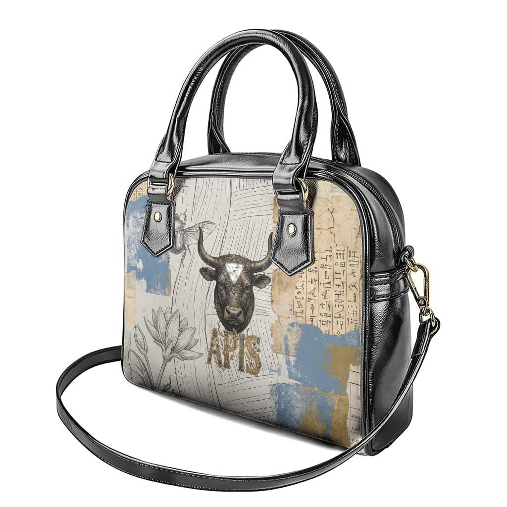 Apis Ancient Egyptian Shoulder Handbag with Beige-Gray Hieroglyphic, Ornate Bull Head, and Gold-Blue Typography - Wonder Print Shop