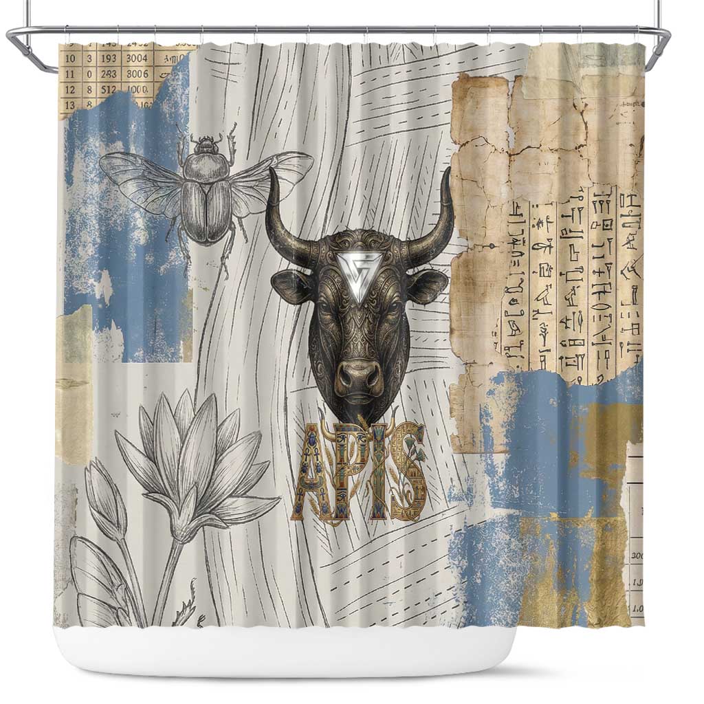 Apis Ancient Egyptian Shower Curtain with Beige-Gray Hieroglyphic, Ornate Bull Head, and Gold-Blue Typography - Wonder Print Shop