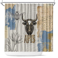 Apis Ancient Egyptian Shower Curtain with Beige-Gray Hieroglyphic, Ornate Bull Head, and Gold-Blue Typography - Wonder Print Shop