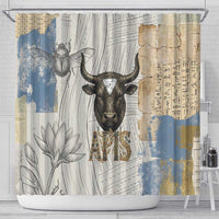 Apis Ancient Egyptian Shower Curtain with Beige-Gray Hieroglyphic, Ornate Bull Head, and Gold-Blue Typography - Wonder Print Shop