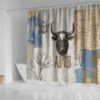 Apis Ancient Egyptian Shower Curtain with Beige-Gray Hieroglyphic, Ornate Bull Head, and Gold-Blue Typography - Wonder Print Shop