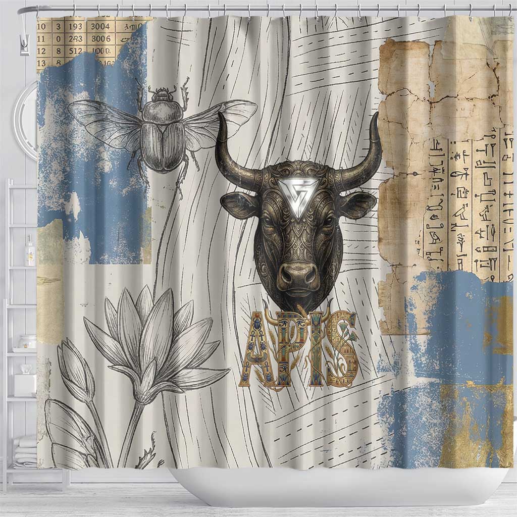 Apis Ancient Egyptian Shower Curtain with Beige-Gray Hieroglyphic, Ornate Bull Head, and Gold-Blue Typography - Wonder Print Shop