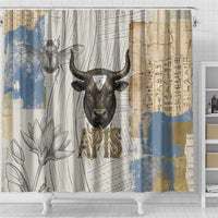 Apis Ancient Egyptian Shower Curtain with Beige-Gray Hieroglyphic, Ornate Bull Head, and Gold-Blue Typography - Wonder Print Shop