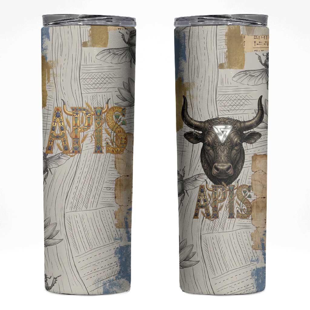 Apis Ancient Egyptian Skinny Tumbler with Beige-Gray Hieroglyphic, Ornate Bull Head, and Gold-Blue Typography - Wonder Print Shop