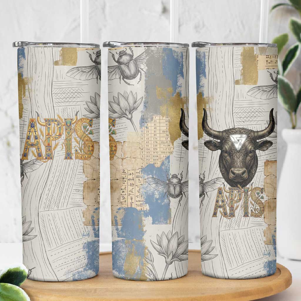 Apis Ancient Egyptian Skinny Tumbler with Beige-Gray Hieroglyphic, Ornate Bull Head, and Gold-Blue Typography - Wonder Print Shop