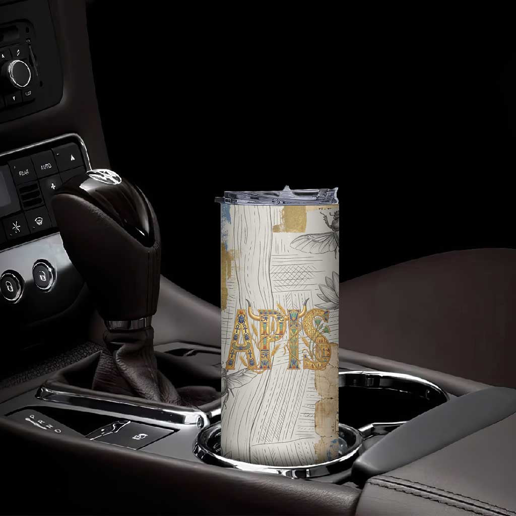 Apis Ancient Egyptian Skinny Tumbler with Beige-Gray Hieroglyphic, Ornate Bull Head, and Gold-Blue Typography - Wonder Print Shop