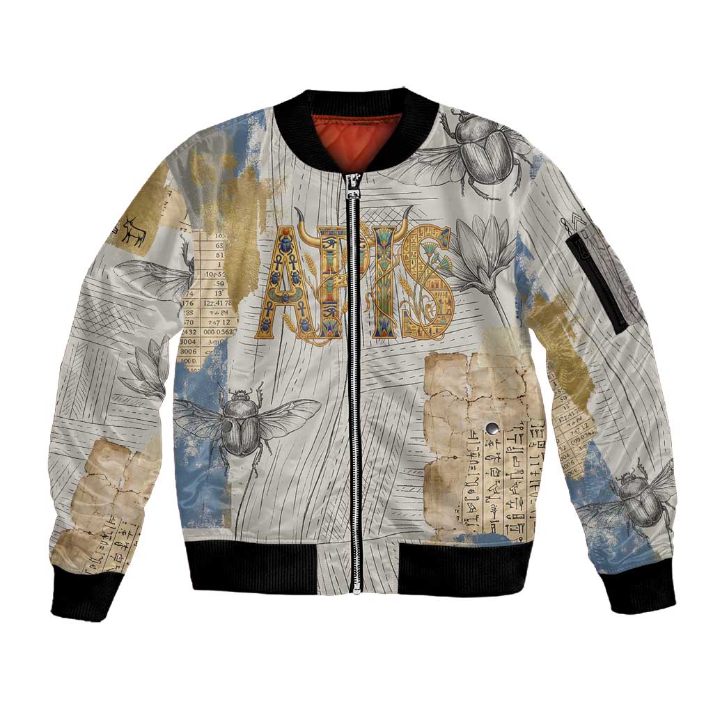 Apis Ancient Egyptian Sleeve Zip Bomber Jacket with Beige-Gray Hieroglyphic, Ornate Bull Head, and Gold-Blue Typography - Wonder Print Shop
