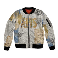 Apis Ancient Egyptian Sleeve Zip Bomber Jacket with Beige-Gray Hieroglyphic, Ornate Bull Head, and Gold-Blue Typography - Wonder Print Shop