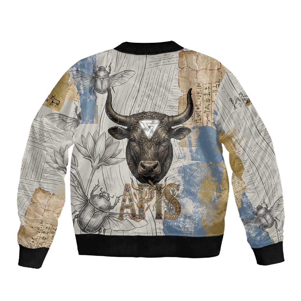 Apis Ancient Egyptian Sleeve Zip Bomber Jacket with Beige-Gray Hieroglyphic, Ornate Bull Head, and Gold-Blue Typography - Wonder Print Shop