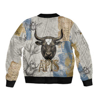 Apis Ancient Egyptian Sleeve Zip Bomber Jacket with Beige-Gray Hieroglyphic, Ornate Bull Head, and Gold-Blue Typography - Wonder Print Shop