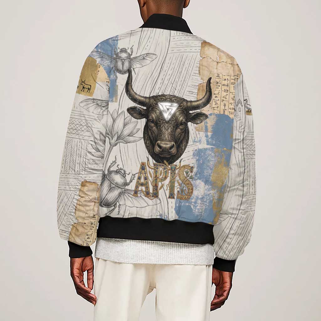 Apis Ancient Egyptian Sleeve Zip Bomber Jacket with Beige-Gray Hieroglyphic, Ornate Bull Head, and Gold-Blue Typography - Wonder Print Shop