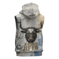 Apis Ancient Egyptian Sleeveless Hoodie with Beige-Gray Hieroglyphic, Ornate Bull Head, and Gold-Blue Typography - Wonder Print Shop