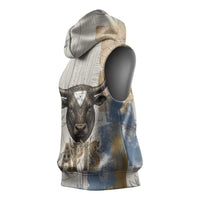 Apis Ancient Egyptian Sleeveless Hoodie with Beige-Gray Hieroglyphic, Ornate Bull Head, and Gold-Blue Typography - Wonder Print Shop