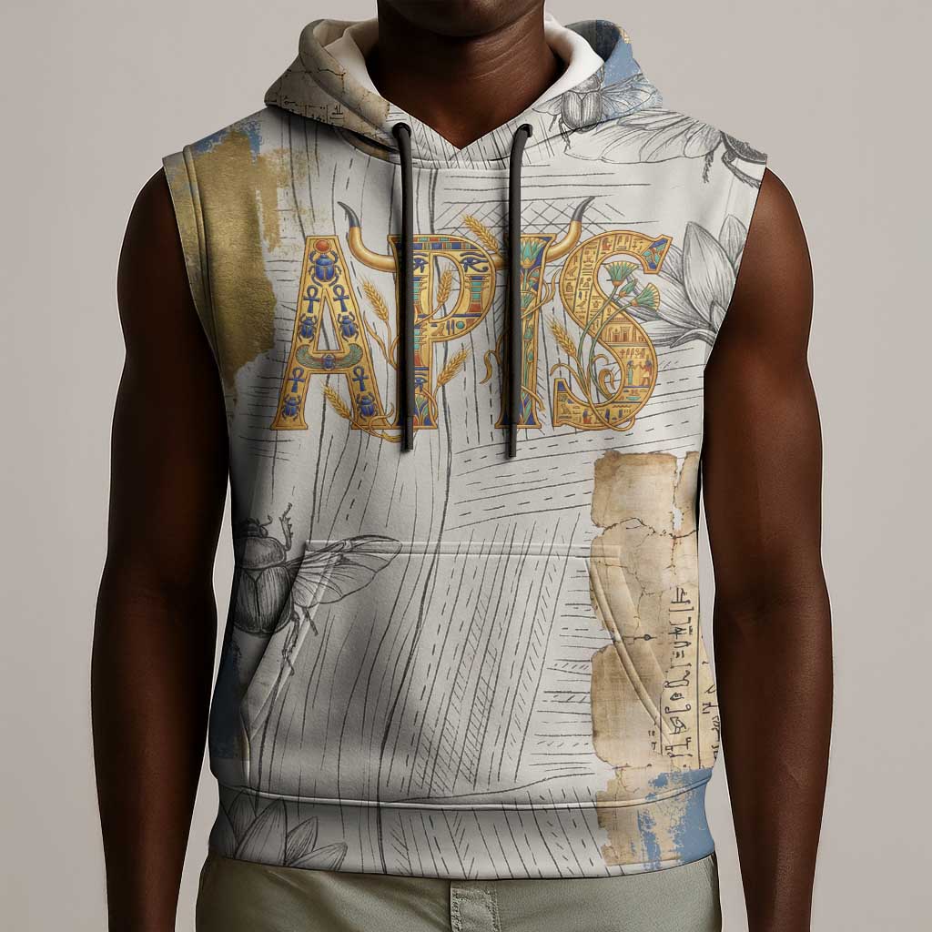 Apis Ancient Egyptian Sleeveless Hoodie with Beige-Gray Hieroglyphic, Ornate Bull Head, and Gold-Blue Typography - Wonder Print Shop