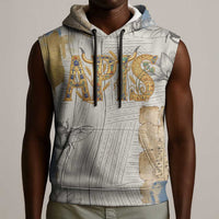 Apis Ancient Egyptian Sleeveless Hoodie with Beige-Gray Hieroglyphic, Ornate Bull Head, and Gold-Blue Typography - Wonder Print Shop