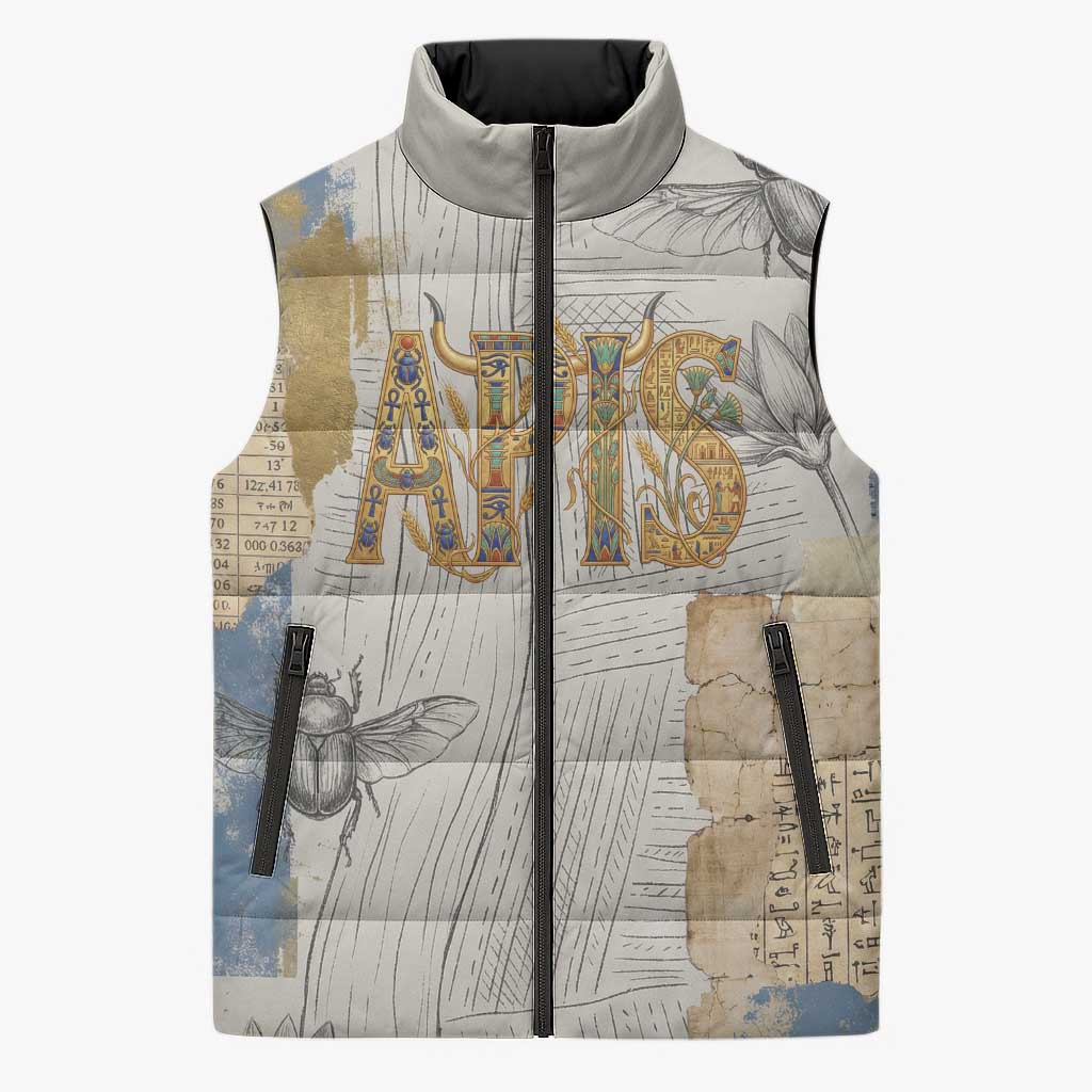 Apis Ancient Egyptian Sleeveless Puffer Jacket with Beige-Gray Hieroglyphic, Ornate Bull Head, and Gold-Blue Typography - Wonder Print Shop