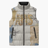Apis Ancient Egyptian Sleeveless Puffer Jacket with Beige-Gray Hieroglyphic, Ornate Bull Head, and Gold-Blue Typography - Wonder Print Shop
