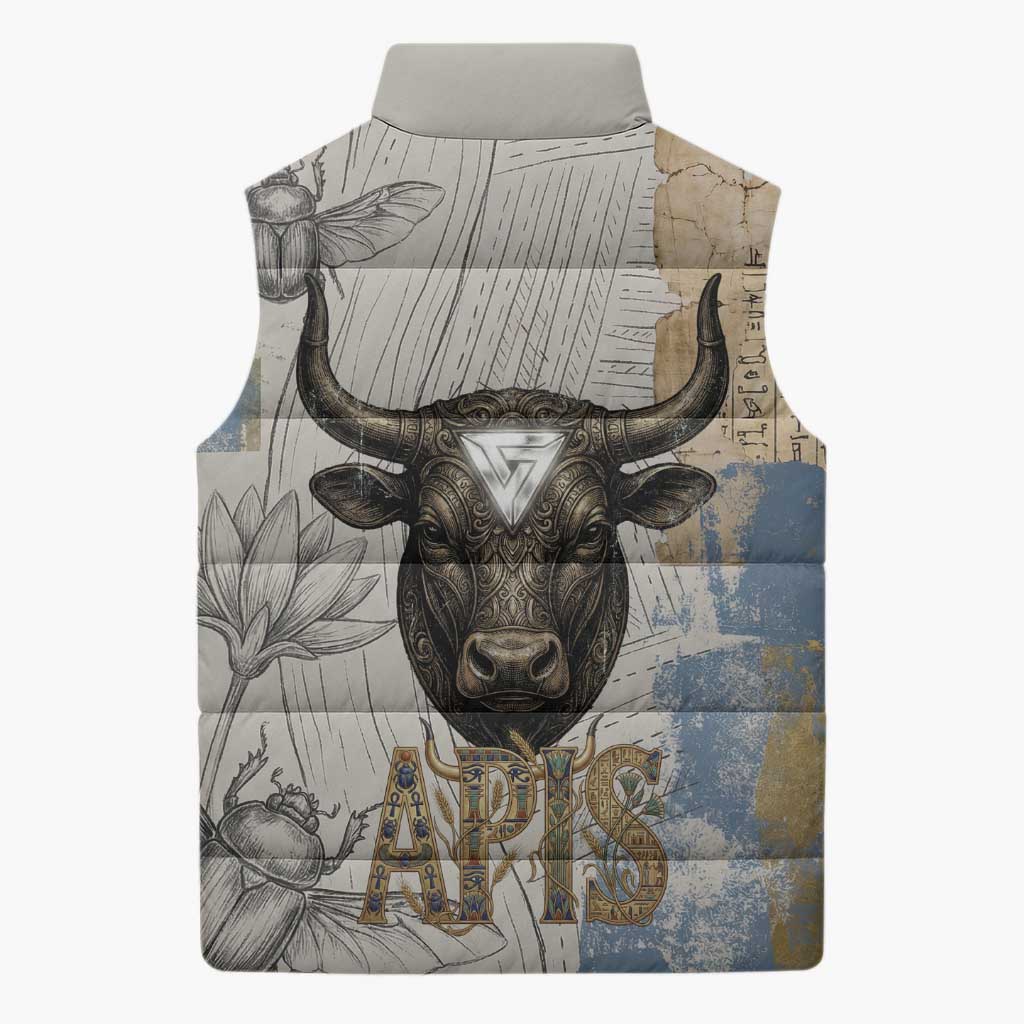 Apis Ancient Egyptian Sleeveless Puffer Jacket with Beige-Gray Hieroglyphic, Ornate Bull Head, and Gold-Blue Typography - Wonder Print Shop