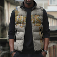 Apis Ancient Egyptian Sleeveless Puffer Jacket with Beige-Gray Hieroglyphic, Ornate Bull Head, and Gold-Blue Typography - Wonder Print Shop