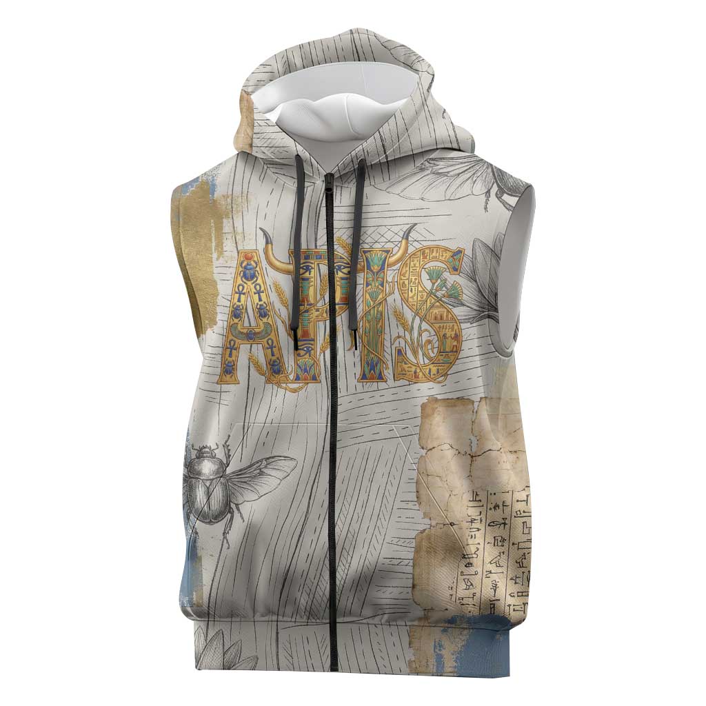 Apis Ancient Egyptian Sleeveless Zip Hoodie with Beige-Gray Hieroglyphic, Ornate Bull Head, and Gold-Blue Typography - Wonder Print Shop