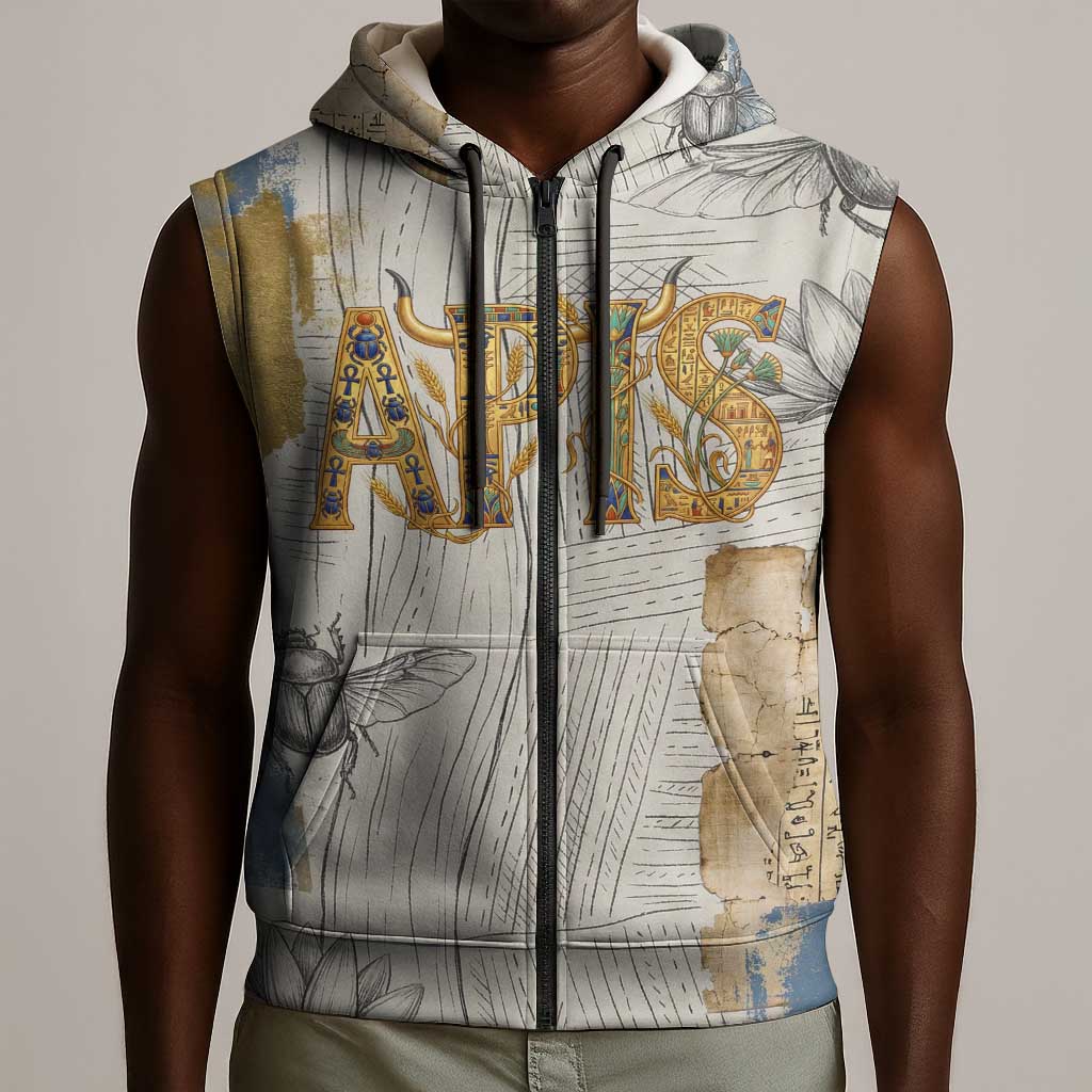 Apis Ancient Egyptian Sleeveless Zip Hoodie with Beige-Gray Hieroglyphic, Ornate Bull Head, and Gold-Blue Typography - Wonder Print Shop