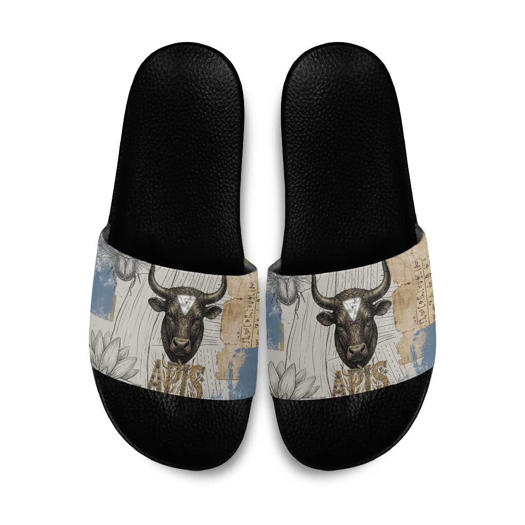 Apis Ancient Egyptian Slide Sandals with Beige-Gray Hieroglyphic, Ornate Bull Head, and Gold-Blue Typography - Wonder Print Shop
