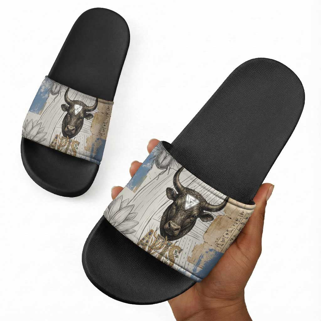 Apis Ancient Egyptian Slide Sandals with Beige-Gray Hieroglyphic, Ornate Bull Head, and Gold-Blue Typography - Wonder Print Shop