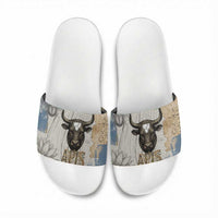 Apis Ancient Egyptian Slide Sandals with Beige-Gray Hieroglyphic, Ornate Bull Head, and Gold-Blue Typography - Wonder Print Shop