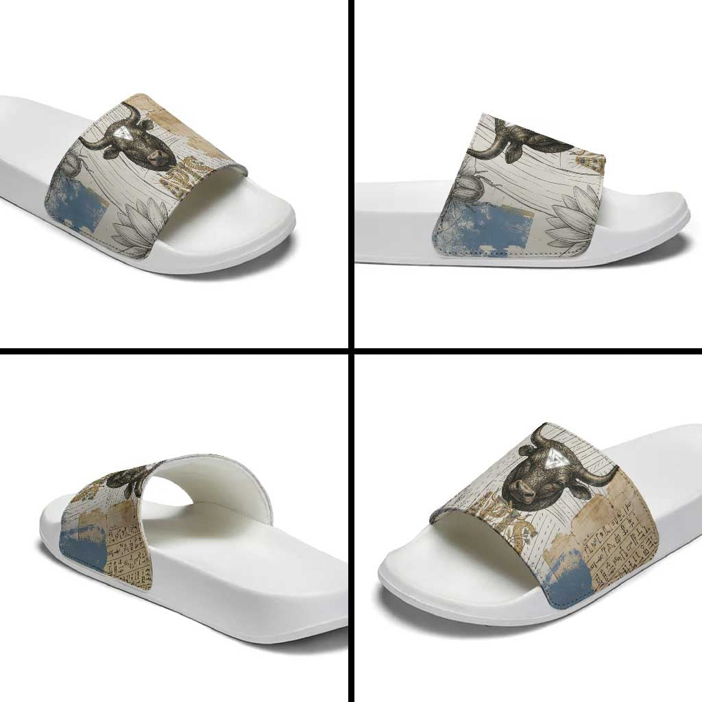 Apis Ancient Egyptian Slide Sandals with Beige-Gray Hieroglyphic, Ornate Bull Head, and Gold-Blue Typography - Wonder Print Shop