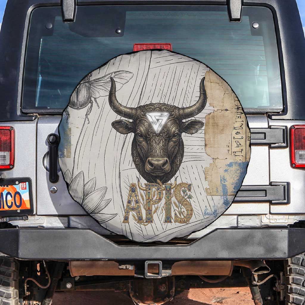 Apis Ancient Egyptian Spare Tire Cover with Beige-Gray Hieroglyphic, Ornate Bull Head, and Gold-Blue Typography - Wonder Print Shop