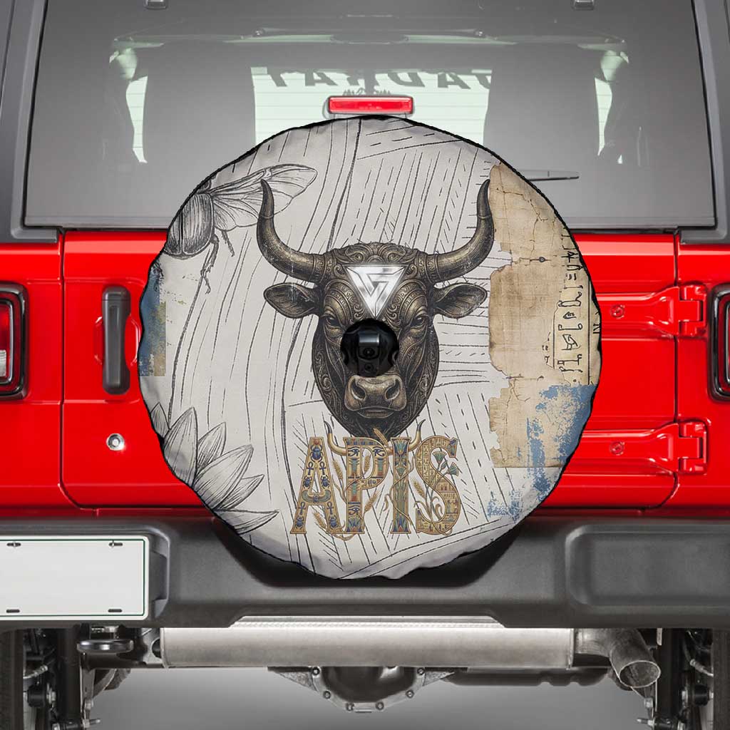 Apis Ancient Egyptian Spare Tire Cover with Beige-Gray Hieroglyphic, Ornate Bull Head, and Gold-Blue Typography - Wonder Print Shop