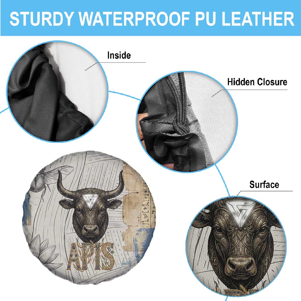 Apis Ancient Egyptian Spare Tire Cover with Beige-Gray Hieroglyphic, Ornate Bull Head, and Gold-Blue Typography - Wonder Print Shop