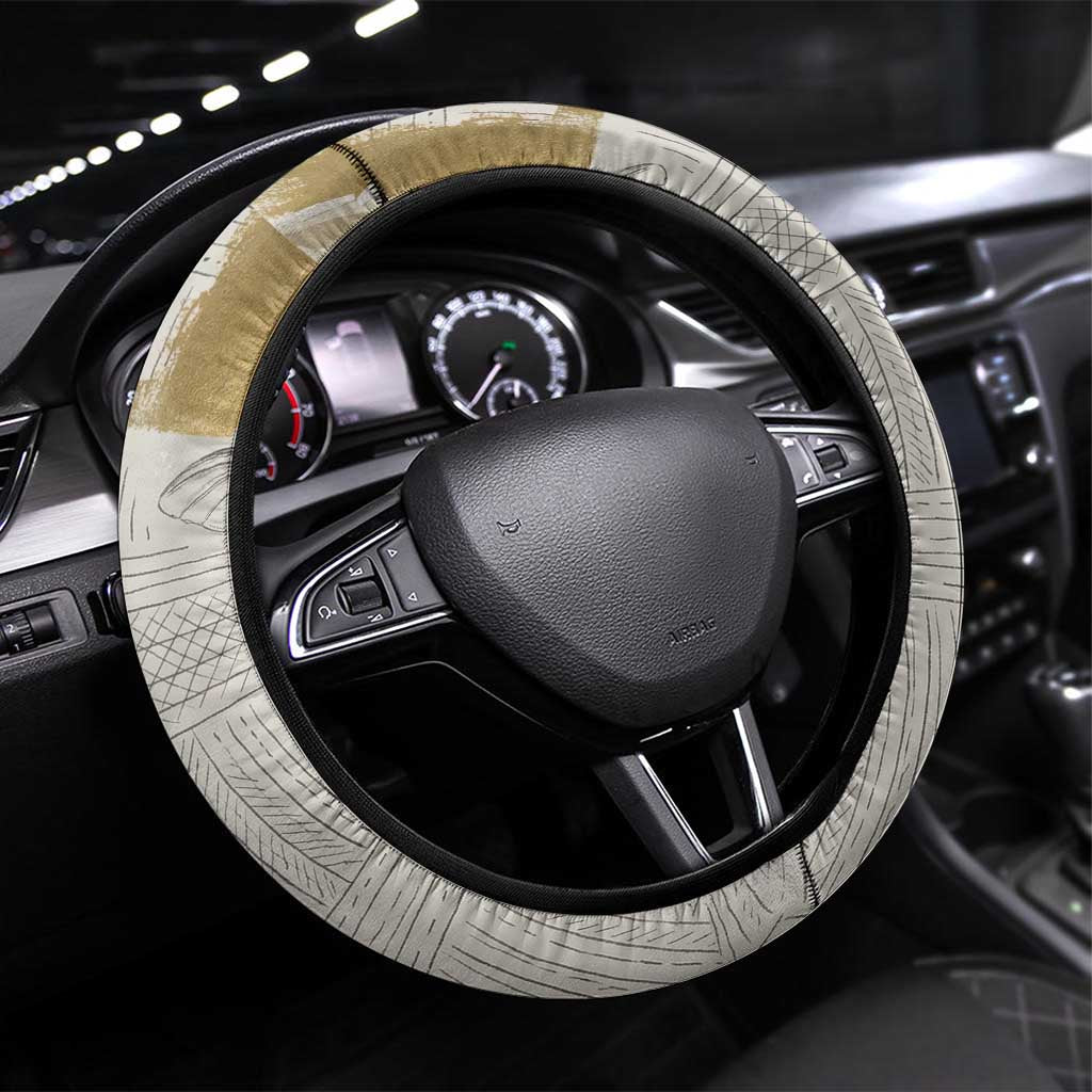 Apis Ancient Egyptian Steering Wheel Cover with Beige-Gray Hieroglyphic, Ornate Bull Head, and Gold-Blue Typography - Wonder Print Shop