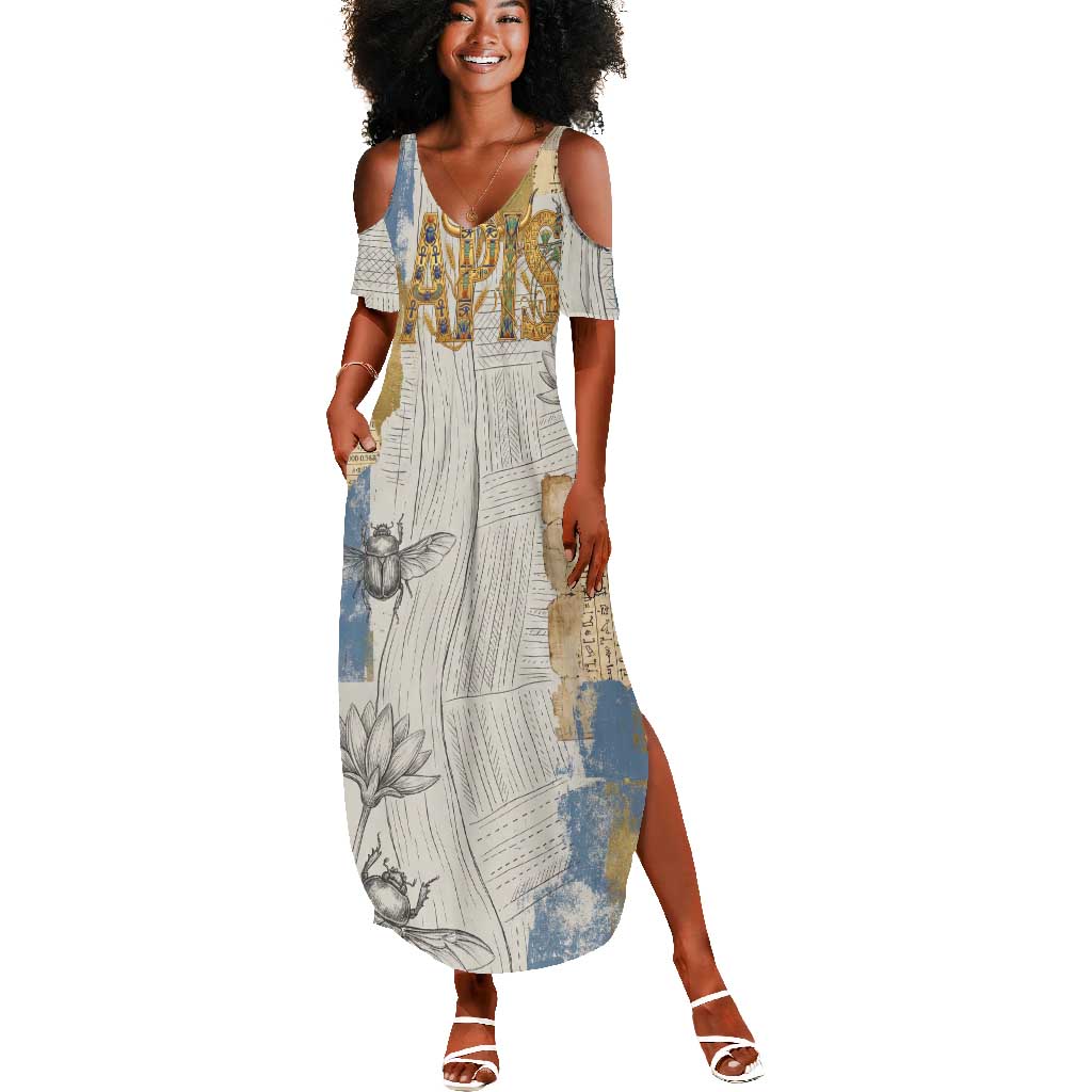 Apis Ancient Egyptian Summer Maxi Dress with Beige-Gray Hieroglyphic, Ornate Bull Head, and Gold-Blue Typography - Wonder Print Shop