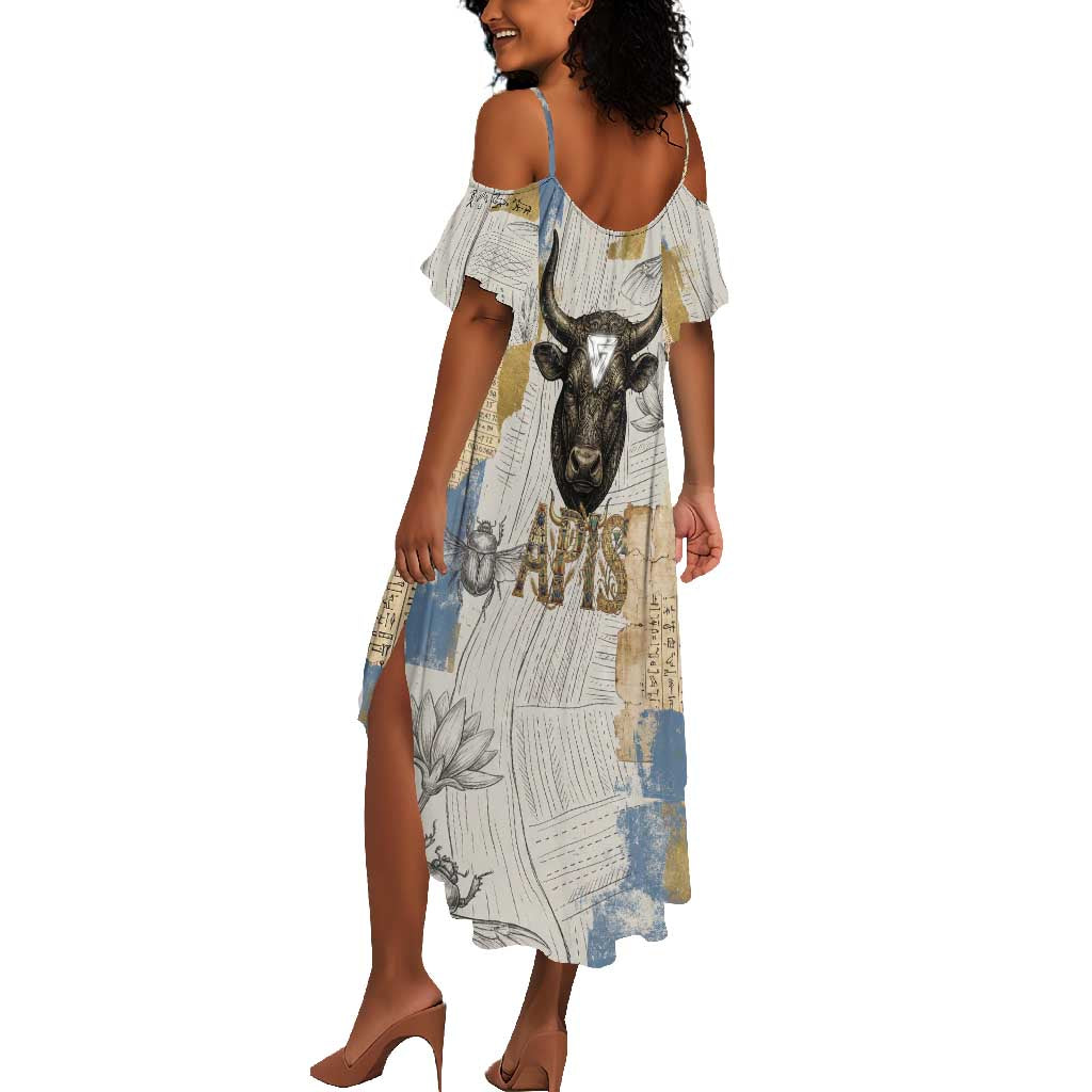 Apis Ancient Egyptian Summer Maxi Dress with Beige-Gray Hieroglyphic, Ornate Bull Head, and Gold-Blue Typography - Wonder Print Shop