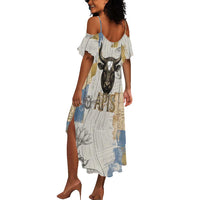 Apis Ancient Egyptian Summer Maxi Dress with Beige-Gray Hieroglyphic, Ornate Bull Head, and Gold-Blue Typography - Wonder Print Shop